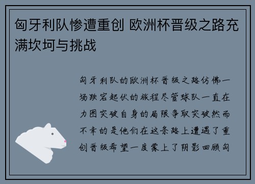 匈牙利队惨遭重创 欧洲杯晋级之路充满坎坷与挑战