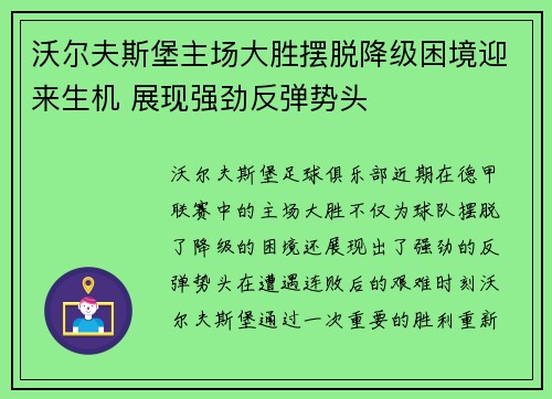 沃尔夫斯堡主场大胜摆脱降级困境迎来生机 展现强劲反弹势头