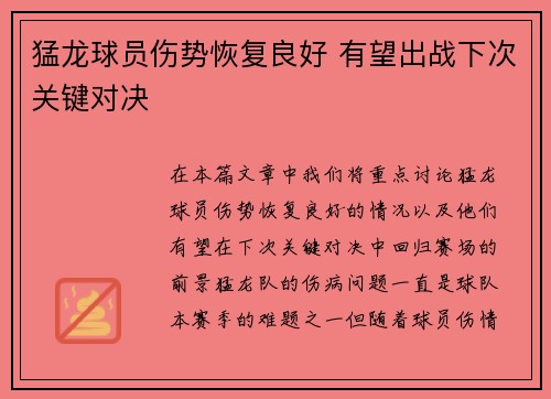 猛龙球员伤势恢复良好 有望出战下次关键对决