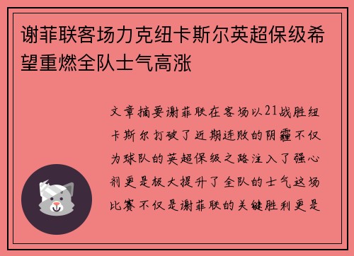 谢菲联客场力克纽卡斯尔英超保级希望重燃全队士气高涨