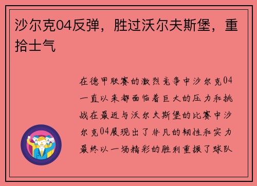 沙尔克04反弹，胜过沃尔夫斯堡，重拾士气