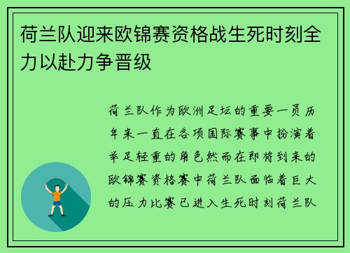 荷兰队迎来欧锦赛资格战生死时刻全力以赴力争晋级