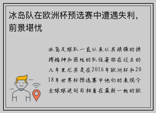 冰岛队在欧洲杯预选赛中遭遇失利，前景堪忧